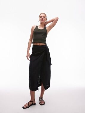 Black Wrap Midi Skirt with Side Tie